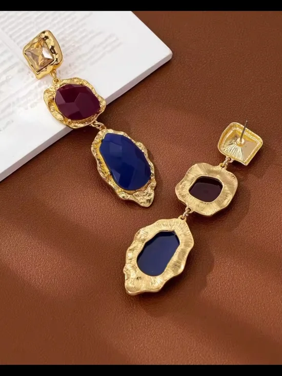 Gold-Tone Earrings with Purple & Blue Stones - Picture 3 of 6